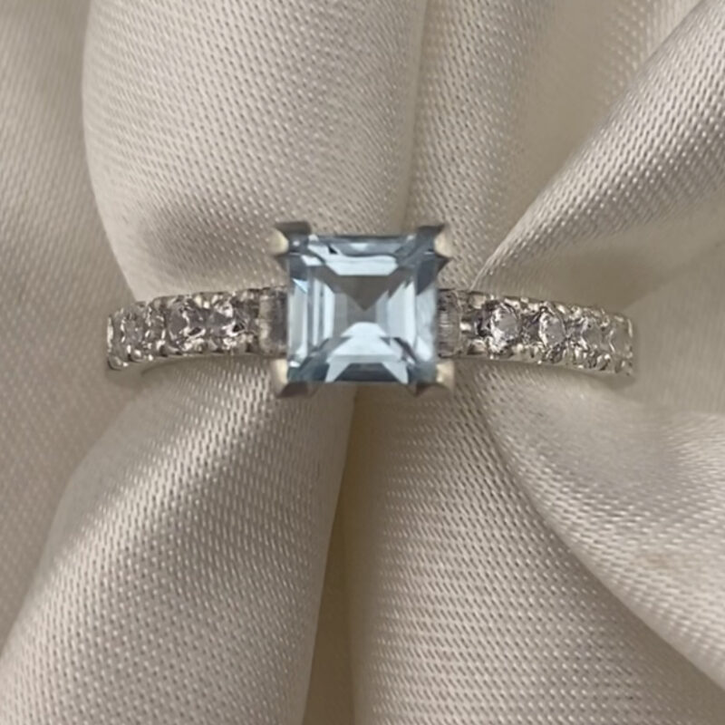 Sterling Silver 925 London Blue Topaz Princess Square Cut Pave Ring- Size Q