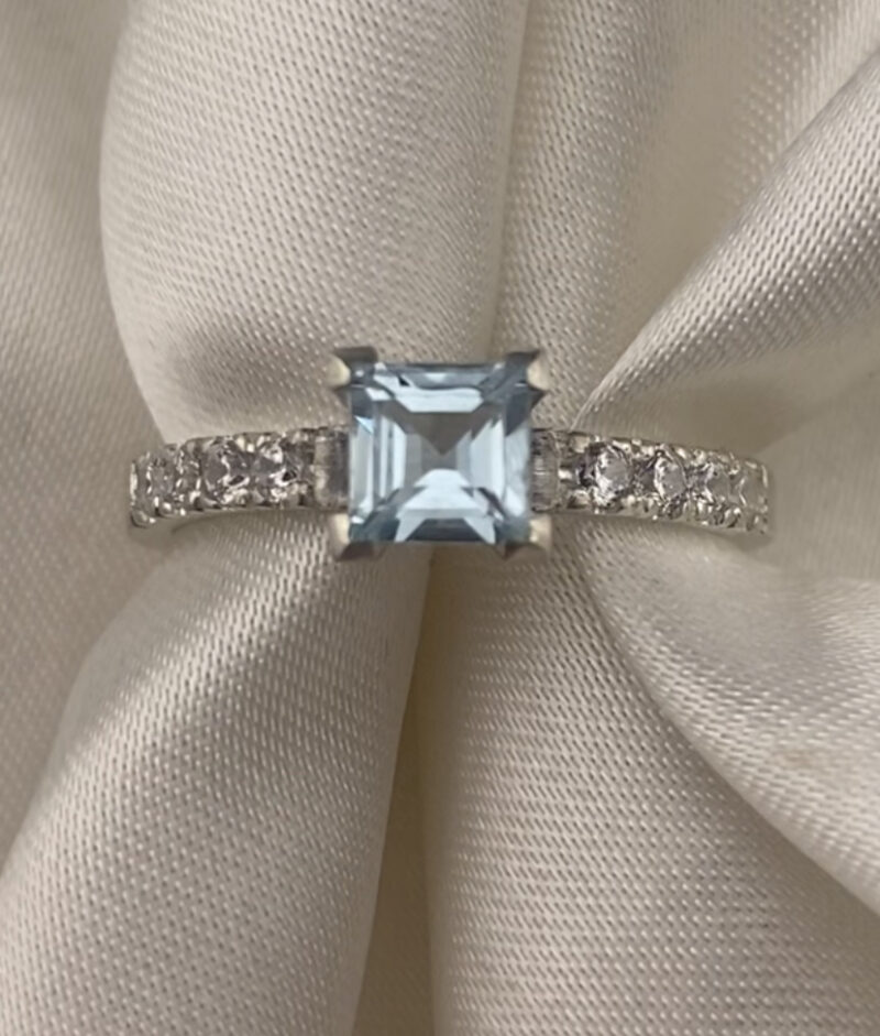 Sterling Silver 925 London Blue Topaz Princess Square Cut Pave Ring- Size Q