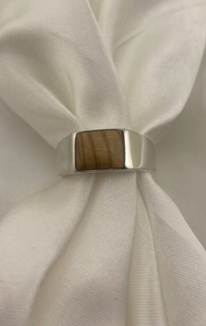 Sterling Silver 925 Rectangle Bethlehem Olive Wood Signet Ring - Size X