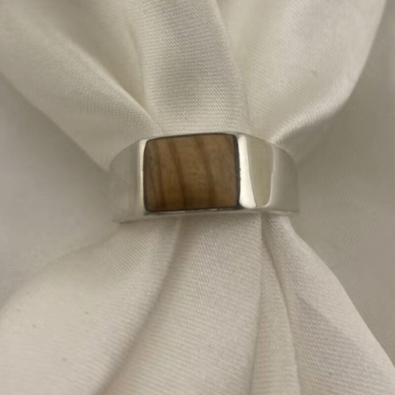 Sterling Silver 925 Rectangle Bethlehem Olive Wood Signet Ring - Size X